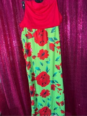 SHEIN Bright Green Floral Midi Skirt with Red Shirt & Red Bloom